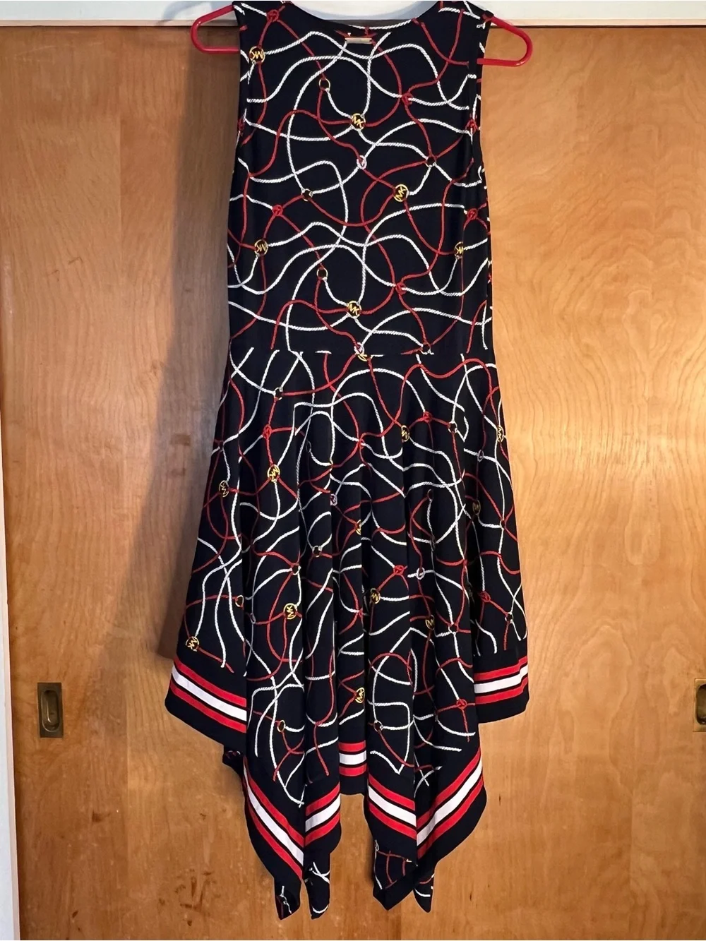 Michael Kors Navy Handkerchief Hem Skirt with Red and White Rope Print